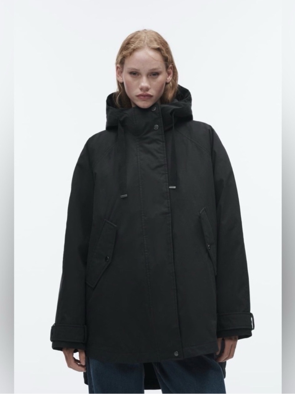 Zara Black Oversized Asymmetric Minimalist Insulated Parka Jacket Coat S